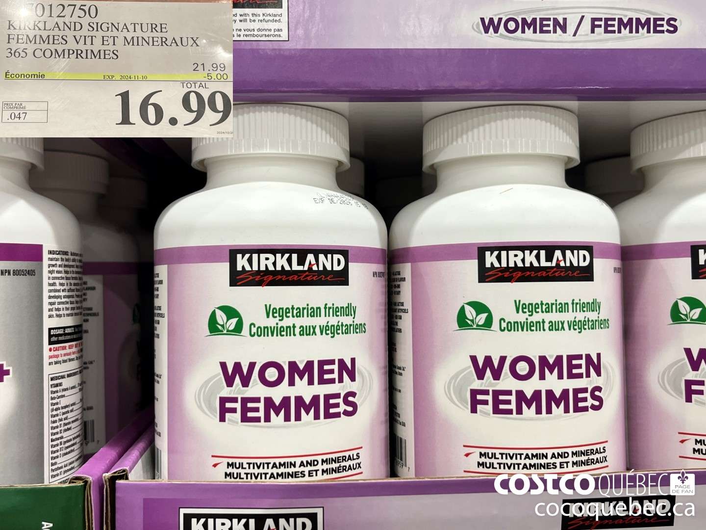 7012750 KIRKLAND SIGNATURE FEMMES VIT ET MINERAUX 365 COMPRIMES  ($5.00 INSTANT SAVINGS EXPIRES ON 2024-11-10) $16.99