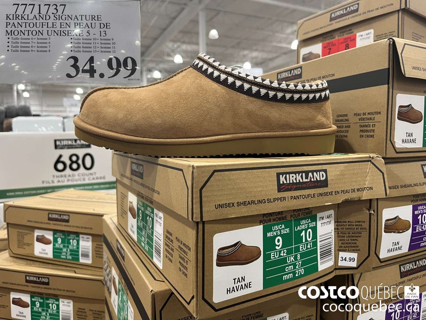 7771737 KIRKLAND SIGNATURE PANTOUFLE EN PEAU DE MONTON UNISEX  $34.99