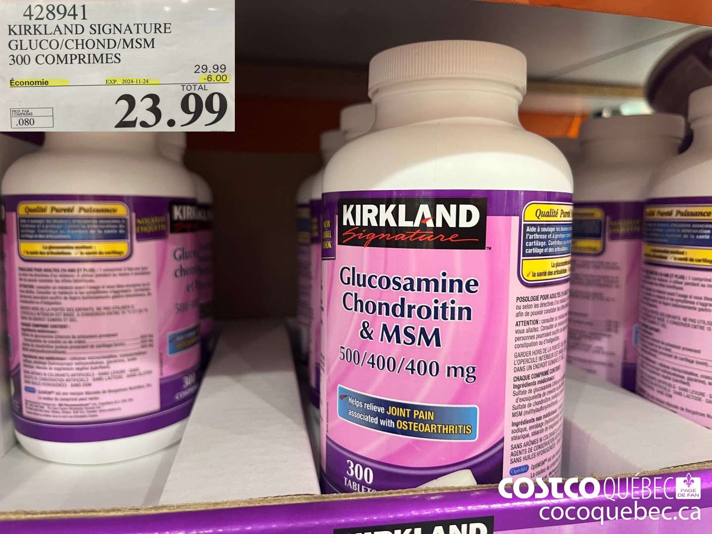 428941 KTRKLAND SIGNATURE GLUCO/CHOND/MSM 300 COMPRIMES  ($6.00 INSTANT SAVINGS EXPIRES ON 2024-11-24) $23.99