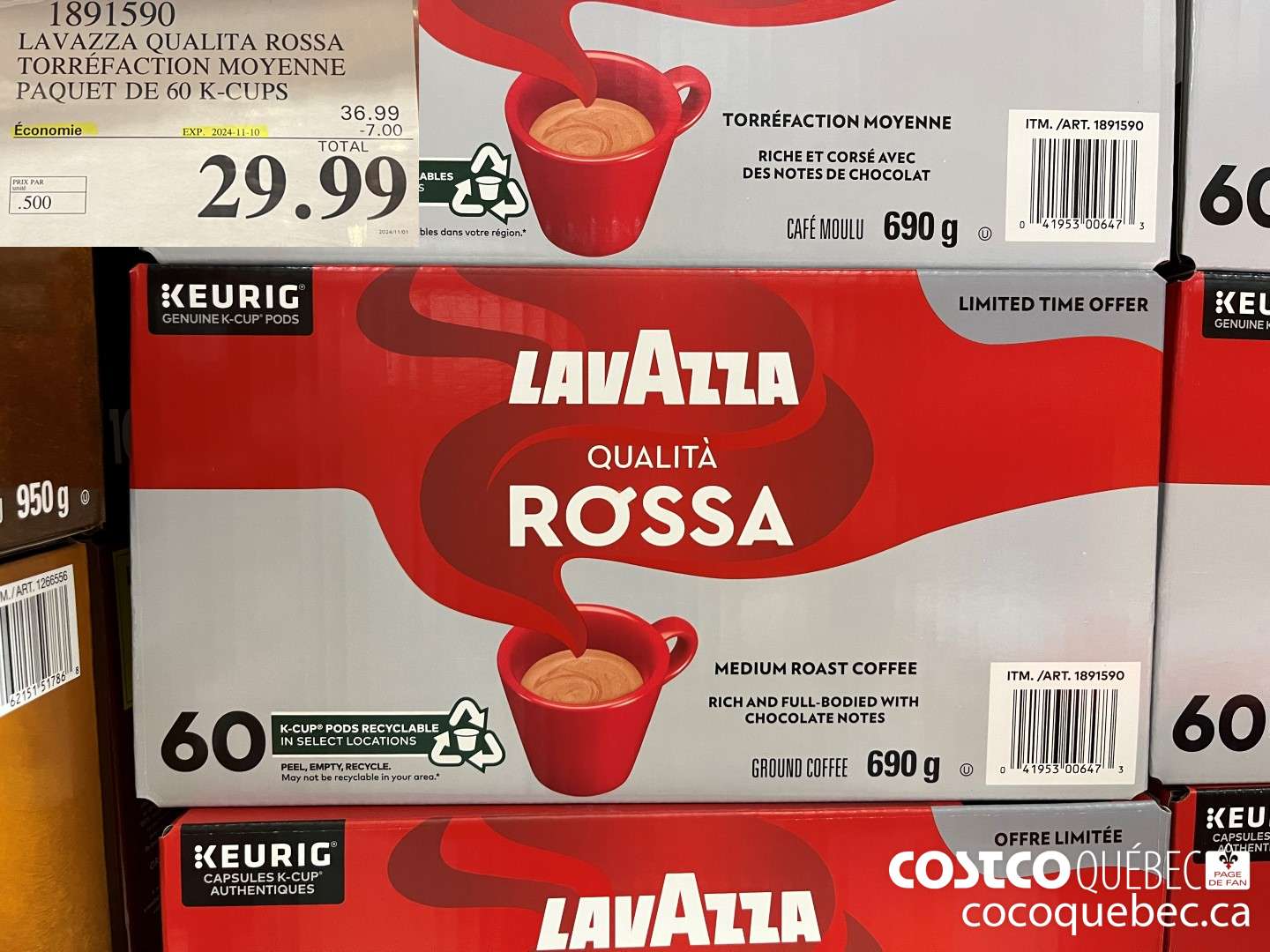 1891590 LAVAZZA QUALITA ROSSA TORREFACTION MOYENNE PAQUET DE 60 K-CUPS  ($7.00 INSTANT SAVINGS EXPIRES ON 2024-11-10) $29.99
