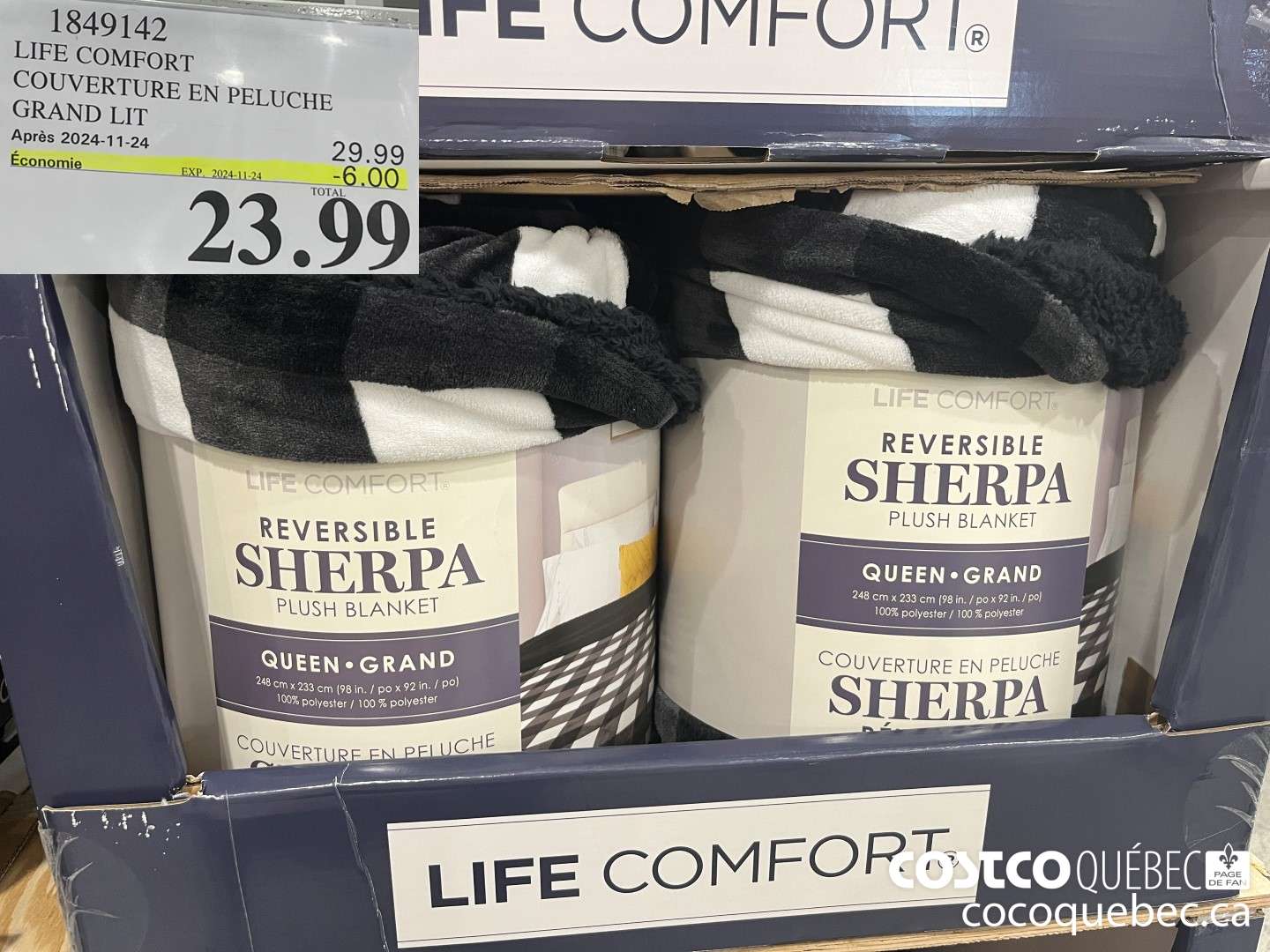 1849142 LIFE COMFORT COUVERTURE EN PELUCHE GRAND LIT  ($6.00 INSTANT SAVINGS EXPIRES ON 2024-11-24) $23.99