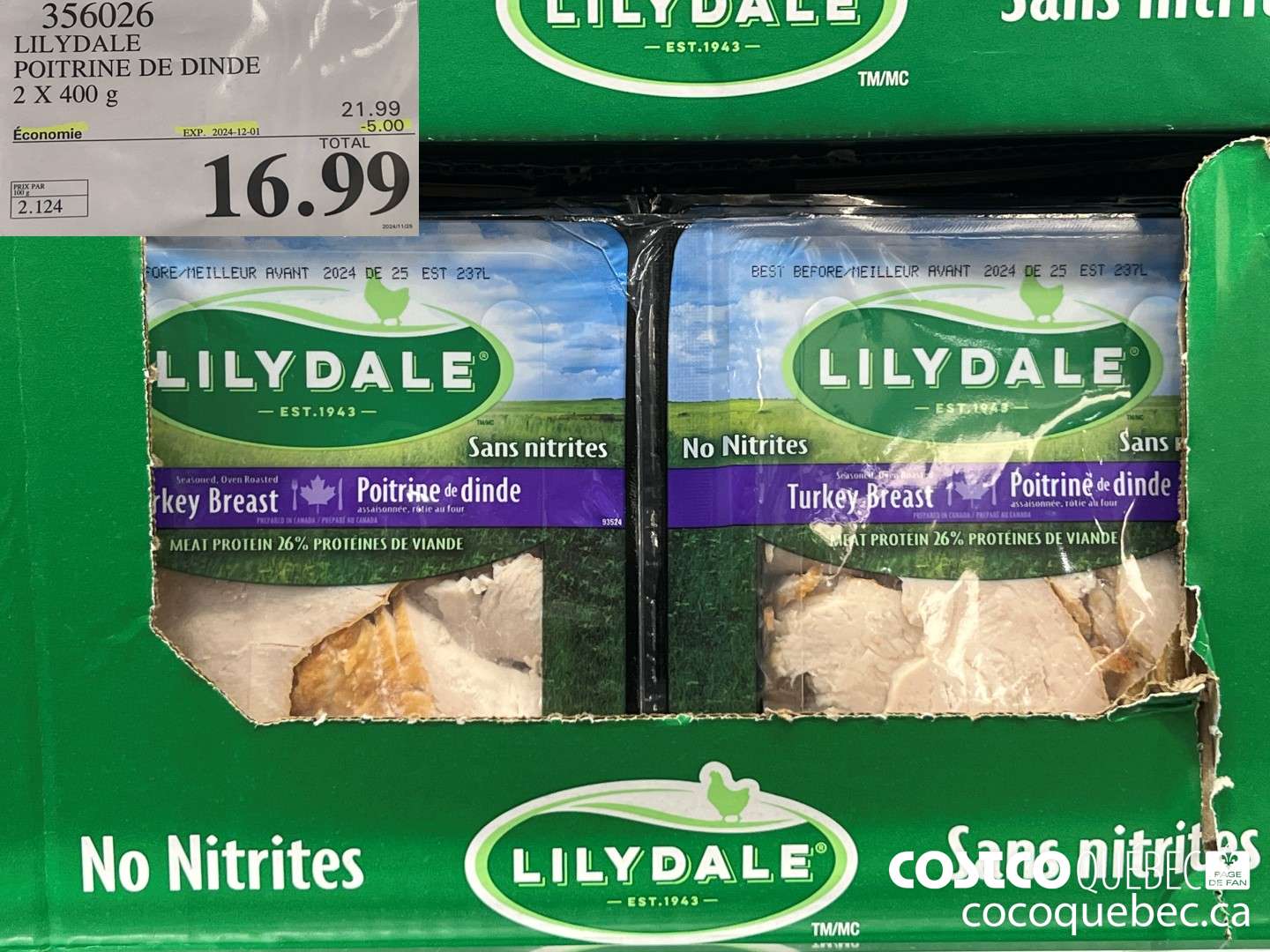 356026 LILYDALE POITRINE DE DINDE 2, X 400 ($4.50 INSTANT SAVINGS EXPIRES ON 2024-12-01) $16.99