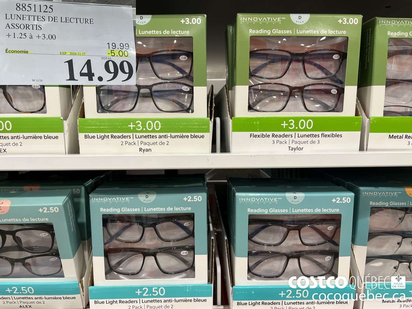 8851125 LUNETTES DE LECTURE ASSORTIS  ($5.00 INSTANT SAVINGS EXPIRES ON 2024-11-17) $14.99