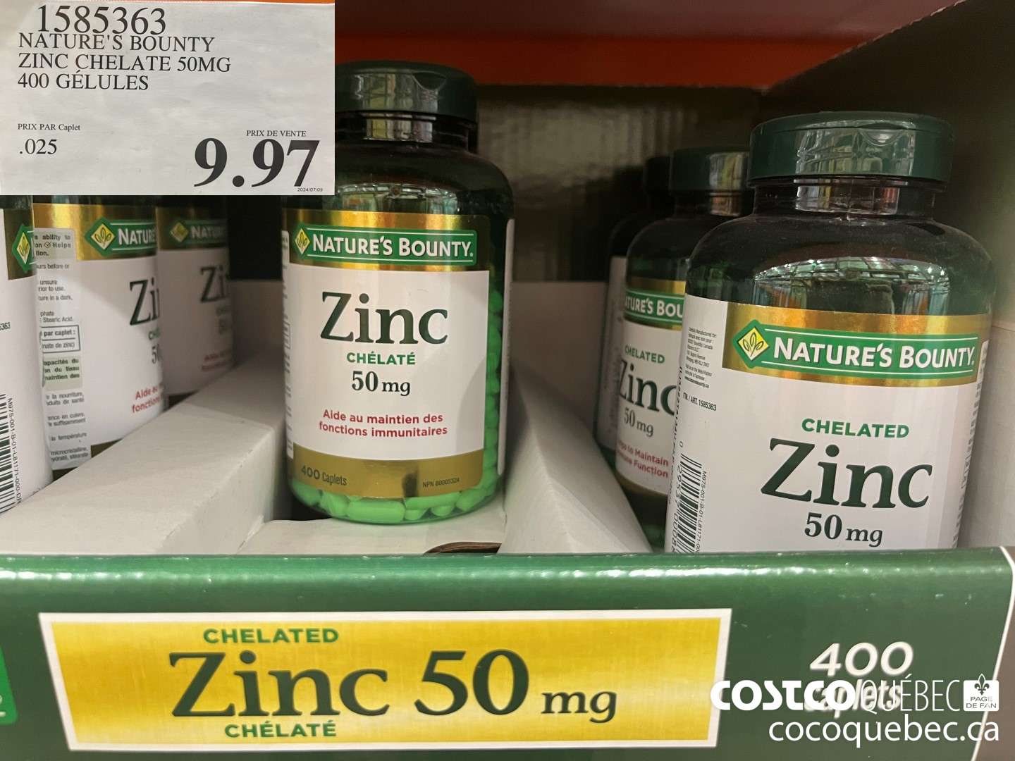 1585363 NATURE'S BOUNTY ZINC CHELATE 50MG 400 GELULES  $9.97