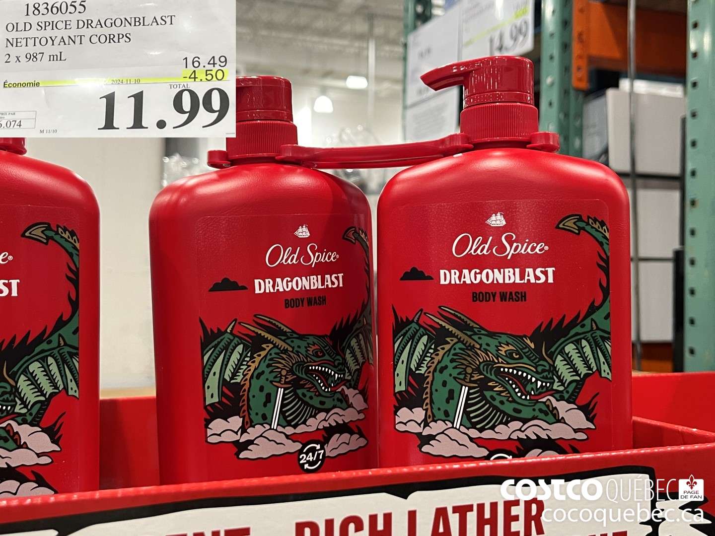 1836055 OLD SPICE DRAGONBLAST NETTOYANT CORPS 2 x 987 mL  ($4.50 INSTANT SAVINGS EXPIRES ON 2024-11-10) $11.99
