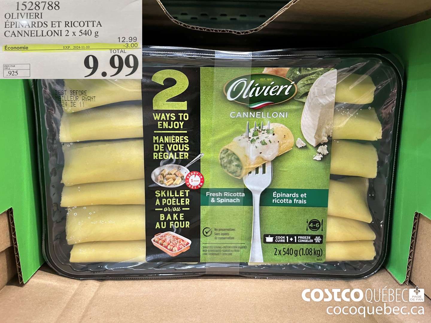 1528788 OLIVIERI EPINARDS ET RICOTTA CANNELLONI 2 x 540 g  ($2.50 INSTANT SAVINGS EXPIRES ON 2024-11-10) $9.99