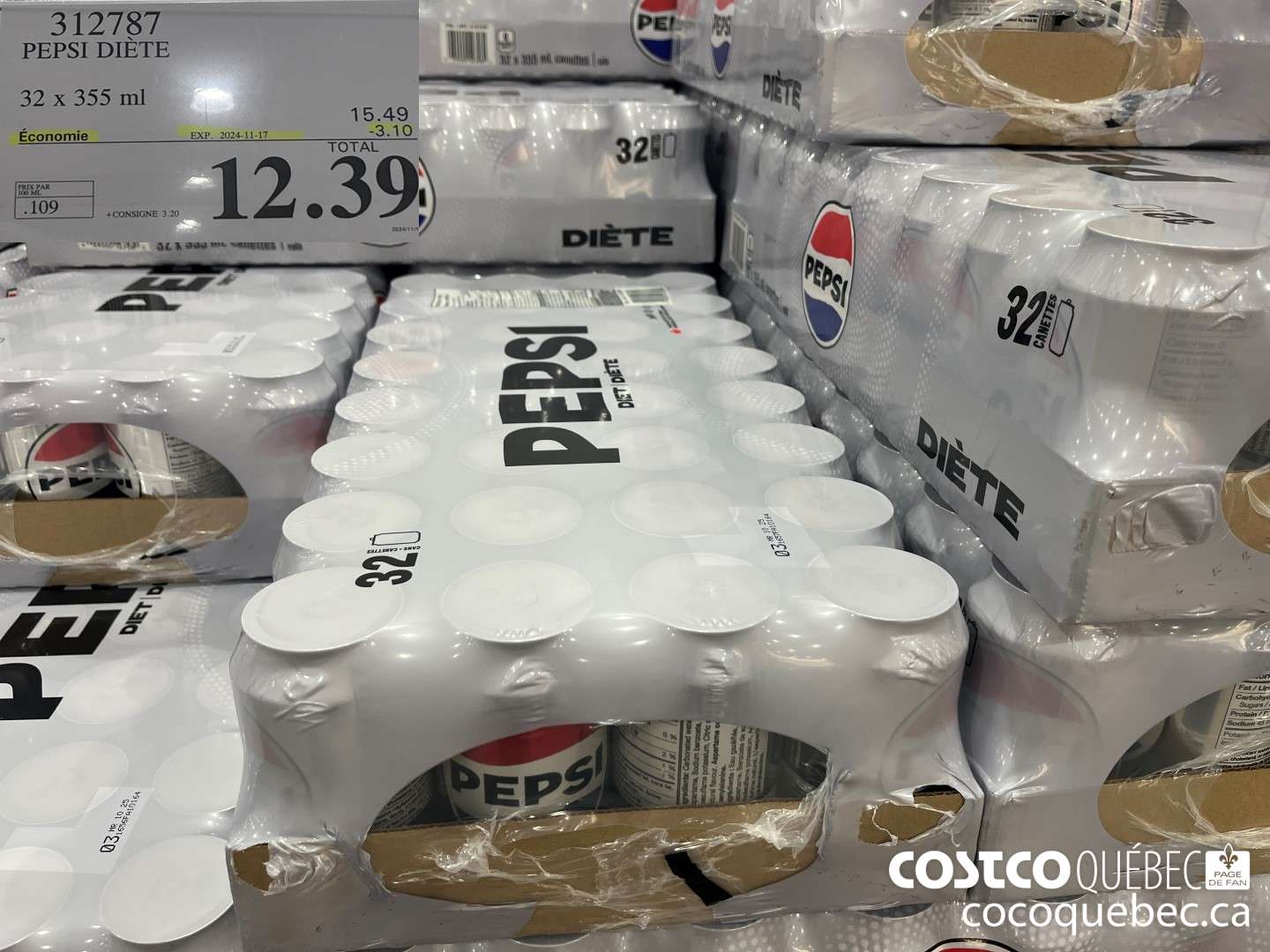 312787 PEPSI DIETE 32 x 355 ml  ($3.10 INSTANT SAVINGS EXPIRES ON 2024-11-17) $12.39