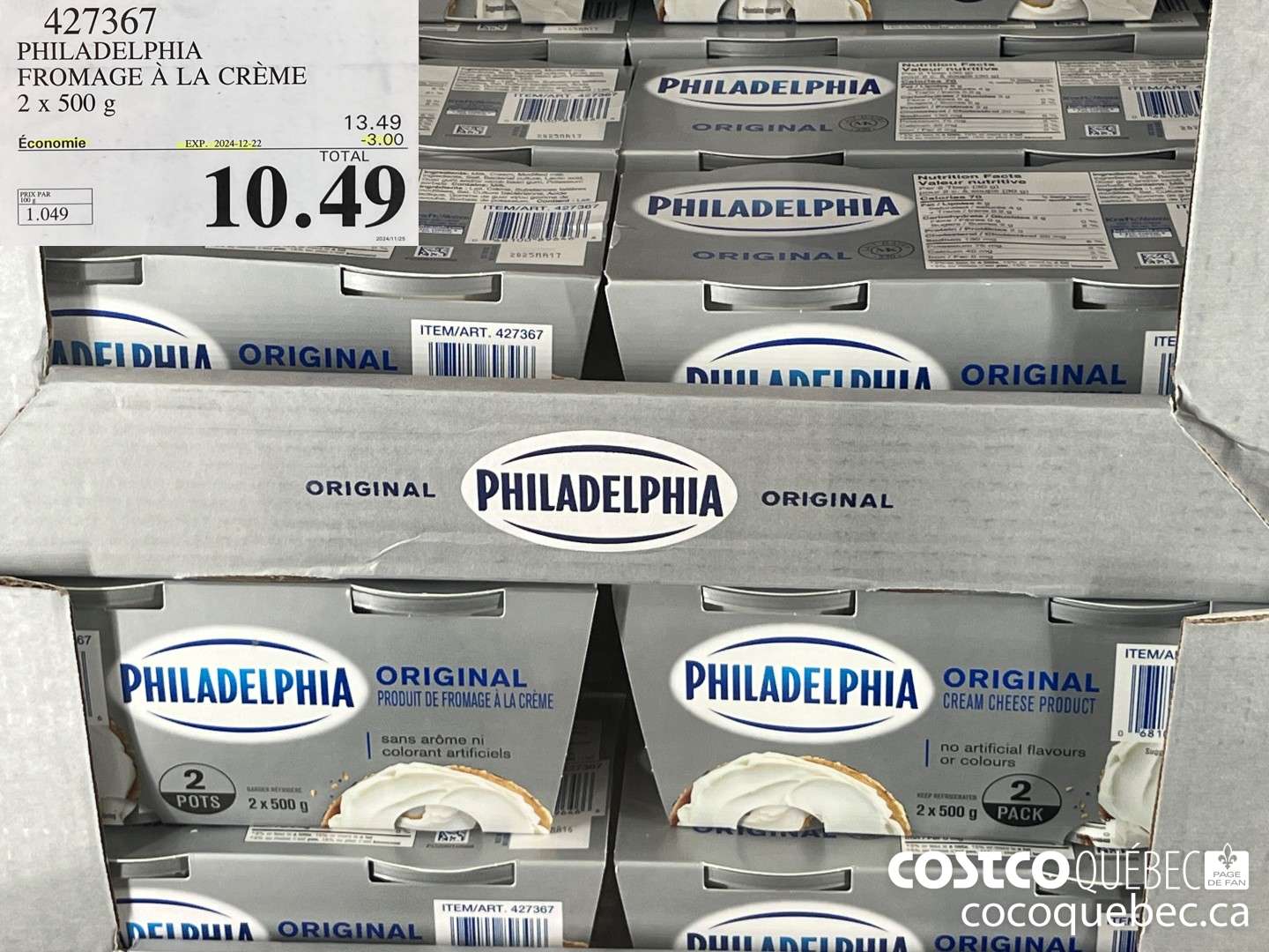 427367 PHILADELPHIA FROMAGE a LA CREME 2 x 500 g  ($3.00 INSTANT SAVINGS EXPIRES ON 2024-12-22) $10.49