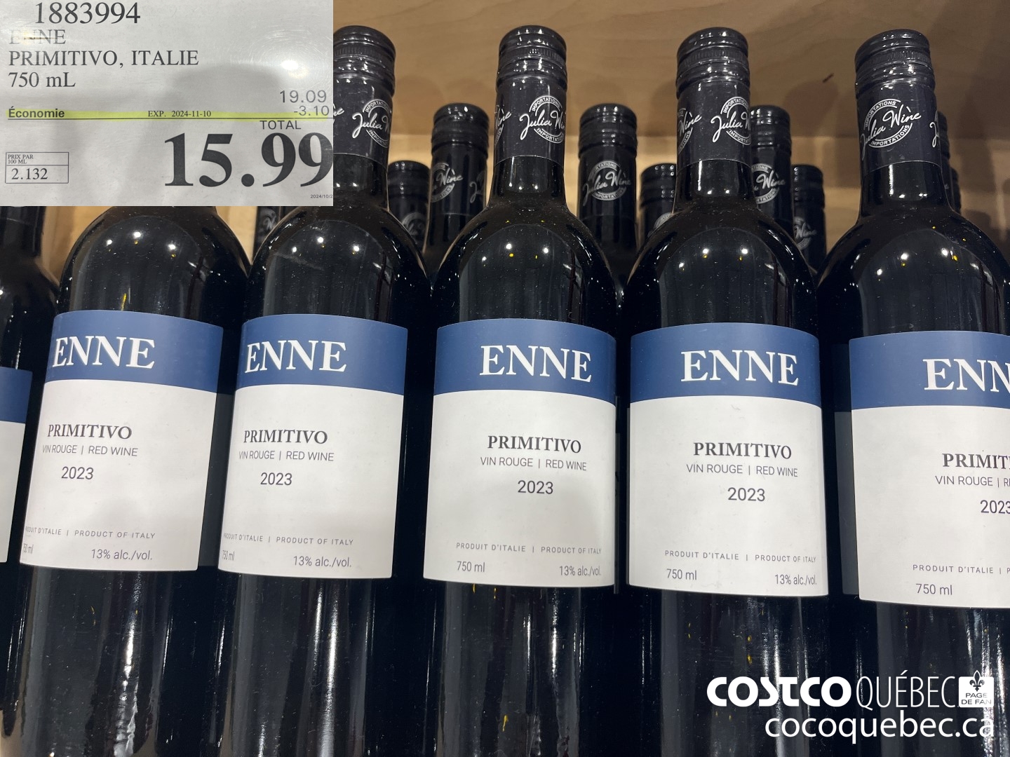 1883994 PRIMITIVO, ITALIE 750 mL  ($3.10 INSTANT SAVINGS EXPIRES ON 2024-11-10) $15.99