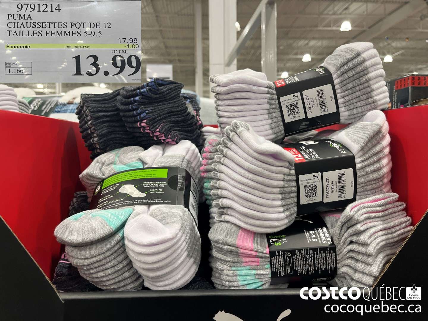 9791214 PUMA CHAUSSETTES PQT DE 12 TAILLES FEMMES 5-9.5  ($4.00 INSTANT SAVINGS EXPIRES ON 2024-12-01) $13.99