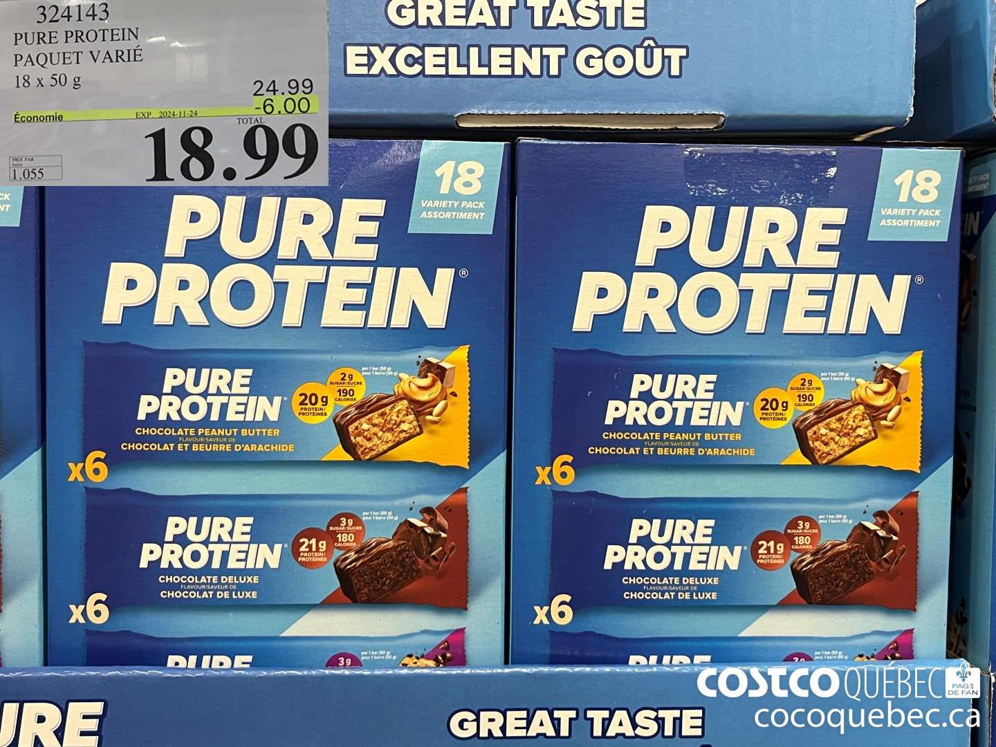 324143 PURE PROTEIN PAQUET VARIE 18x50 g ($6.00 INSTANT SAVINGS EXPIRES ON 2024-11-24) $18.99