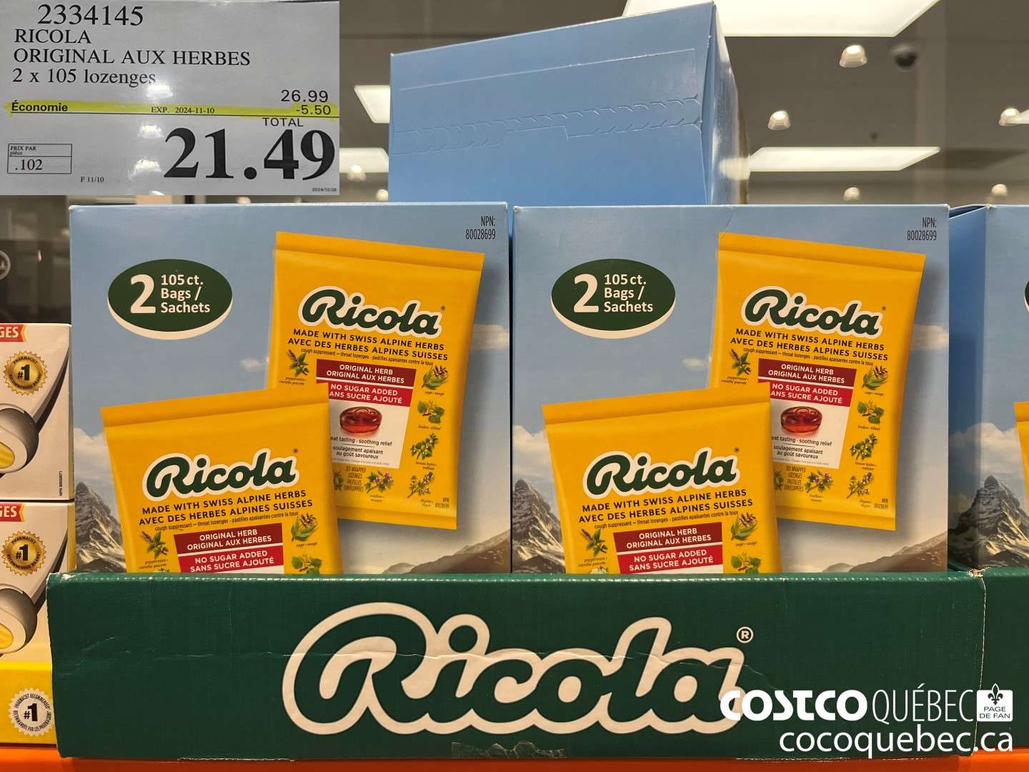 2334145 RICOLA ORIGINAL AUX HERBES 2 x 105 lozenges  ($5.50 INSTANT SAVINGS EXPIRES ON 2024-11-10) $21.49