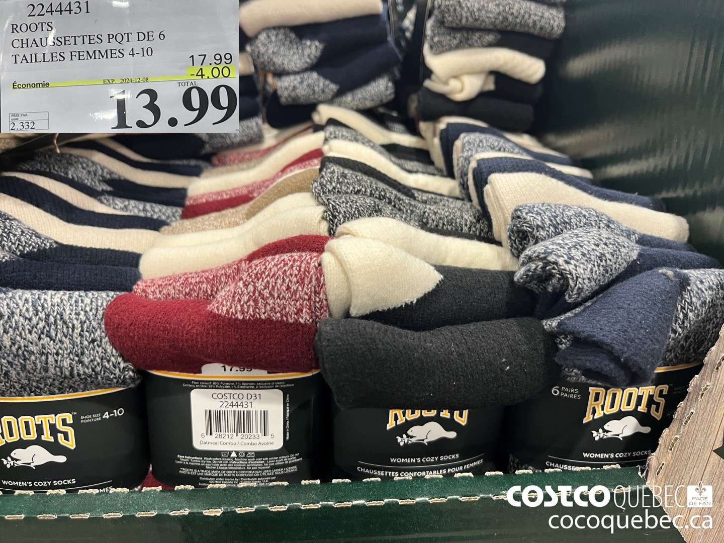 2244431 ROOTS CHAUSSETTES PQT DE 6 TAILLES FEMMES 4-10  ($4.00 INSTANT SAVINGS EXPIRES ON 2024-12-08) $13.99