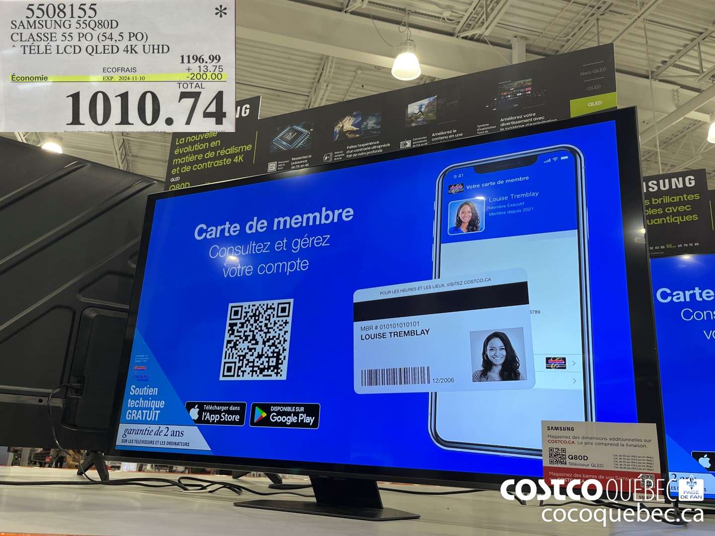 5508155 SAMSUNG 55Q80D CLASSE 55 PO (54,5 PO) TELE LCD QLED 4K UHD  (EXPIRES ON 2024-11-10) $1010.74