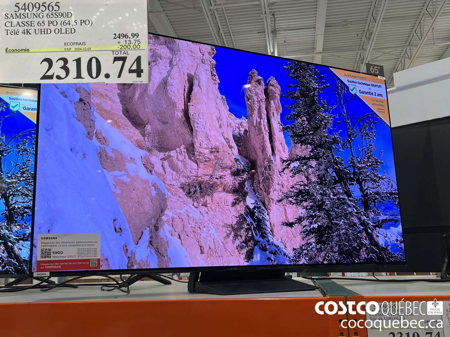 5409565 SAMSUNG 65S90D CLASSE 65 PO (64,5 PO) Télé 4K UHD OLED  ($200.00 INSTANT SAVINGS EXPIRES ON 2024-12-05) $2310.74