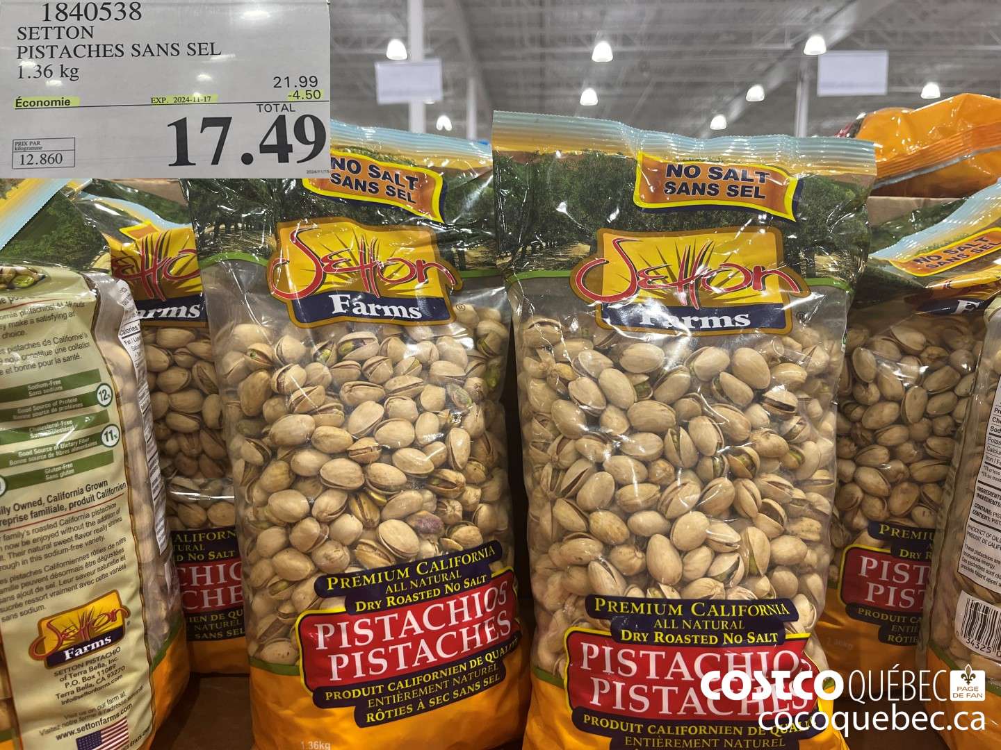 1840538 SETTON PISTACHES SANS SEL 1.36 kg  ($4.50 INSTANT SAVINGS EXPIRES ON 2024-11-17) $17.49