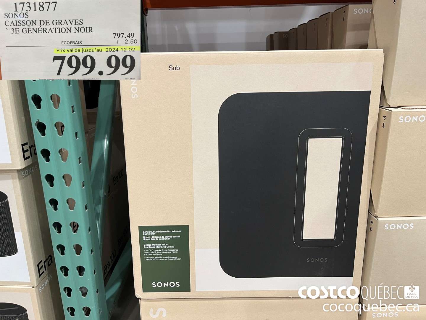 1731877 SONOS CAISSON DE GRAVES 3E GENERATION NOIR  (EXPIRES ON 2024-12-02) $799.99