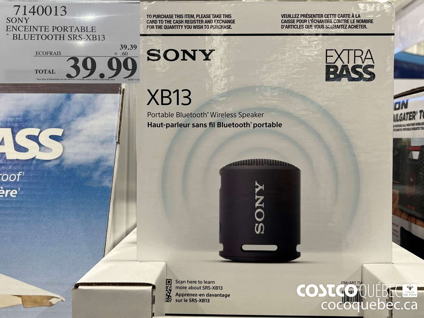 7140013 SONY ENCEINTE PORTABLE BLUETOOTH SRSXB13 $39.99