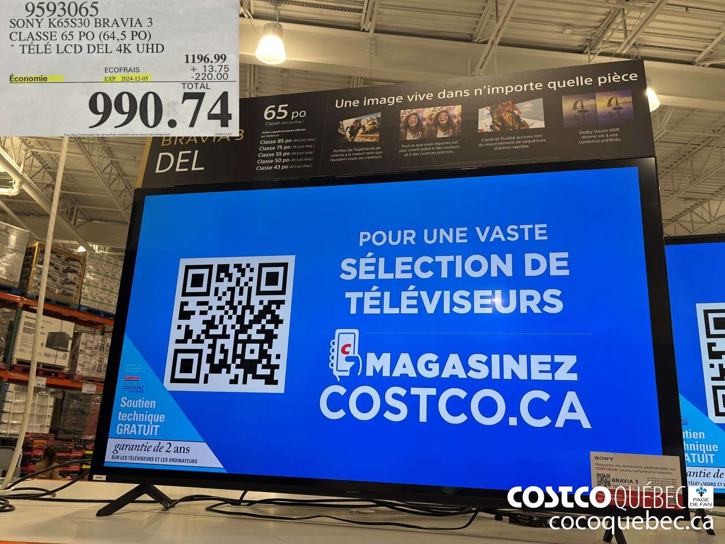 9593065 SONY K65S30 BRAVIA 3 CLASSE 65 PO (64,5 PO) * TELE LCD DEL 4K UHD  ($220.00 INSTANT SAVINGS EXPIRES ON 2024-12-05) $990.74