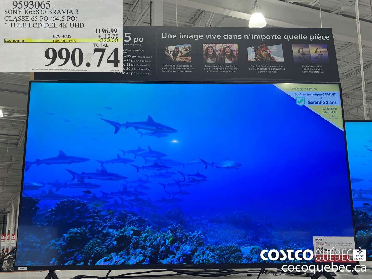 9593065 SONY K65S30 BRAVIA 3 CLASSE 65 PO (64,5 PO) * TELE LCD DEL 4K UHD  ($220.00 INSTANT SAVINGS EXPIRES ON 2024-12-05) $990.74