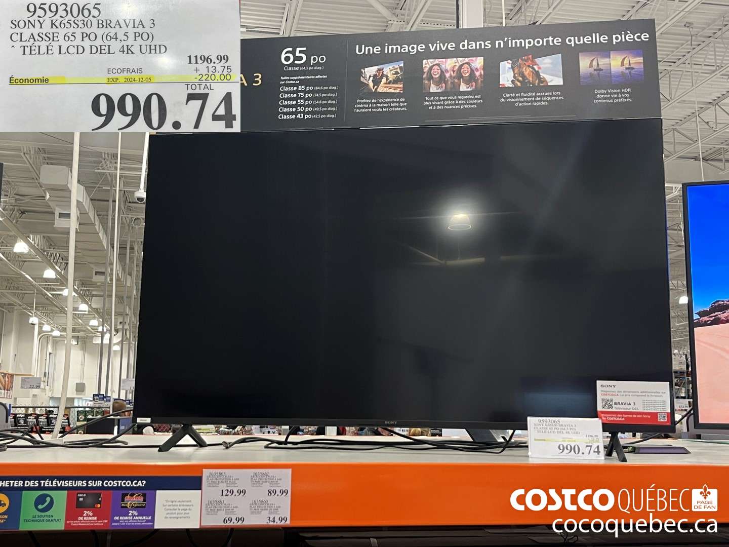 9593065 SONY K65S30 BRAVIA 3 CLASSE 65 PO (64,5 PO) * TELE LCD DEL 4K UHD  ($220.00 INSTANT SAVINGS EXPIRES ON 2024-12-05) $990.74