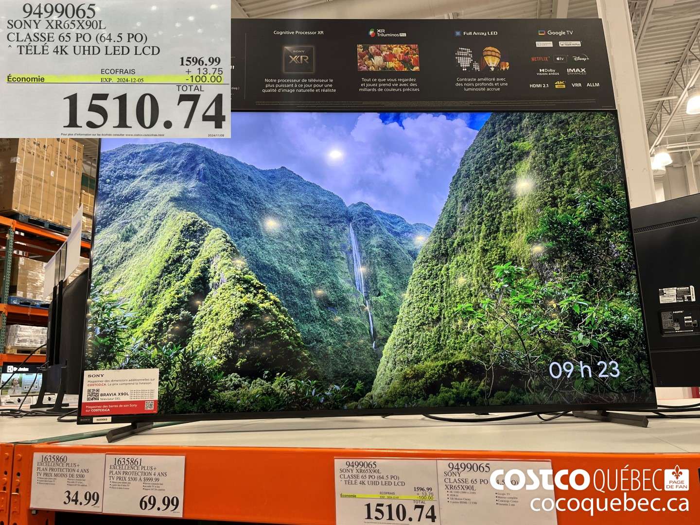 9499065 SONY XROSX90L CLASSE 65 PO (64.5 PO) * TELE 4K UHD LED LCD  ($100.00 INSTANT SAVINGS EXPIRES ON 2024-12-05) $1310.74