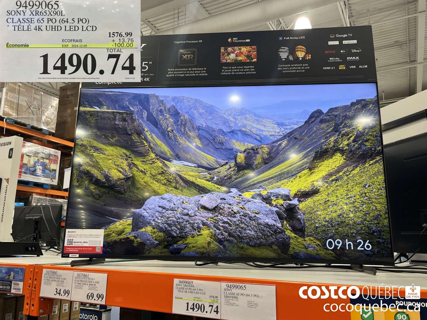 9499065 SONY XROSX90L CLASSE 65 PO (64.5 PO) * TELE 4K UHD LED LCD  ($100.00 INSTANT SAVINGS EXPIRES ON 2024-12-05) $1490.74