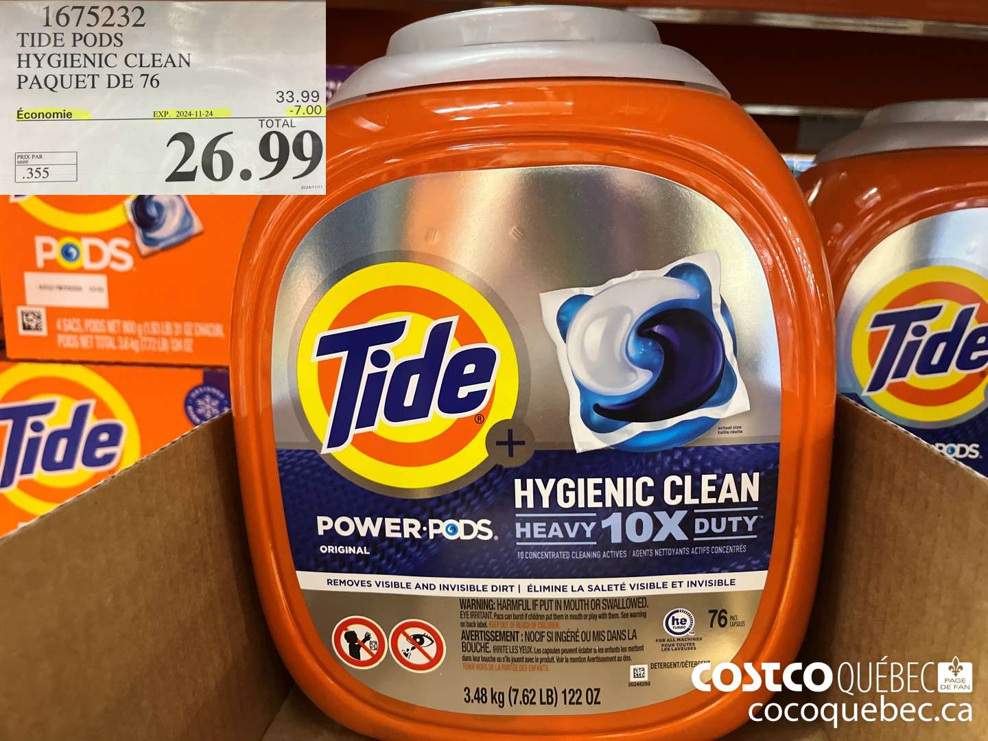 1675232 TIDE PODS HIGIENIC CLEAN PAQUET DE 76  ($7.00 INSTANT SAVINGS EXPIRES ON 2024-11-24) $26.99