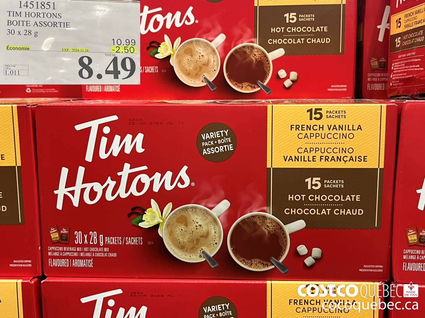 1451851 TIM HORTONS BOITE ASSORTIE 30 x 28g  ($2.50 INSTANT SAVINGS EXPIRES ON 2024-11-24) $8.49