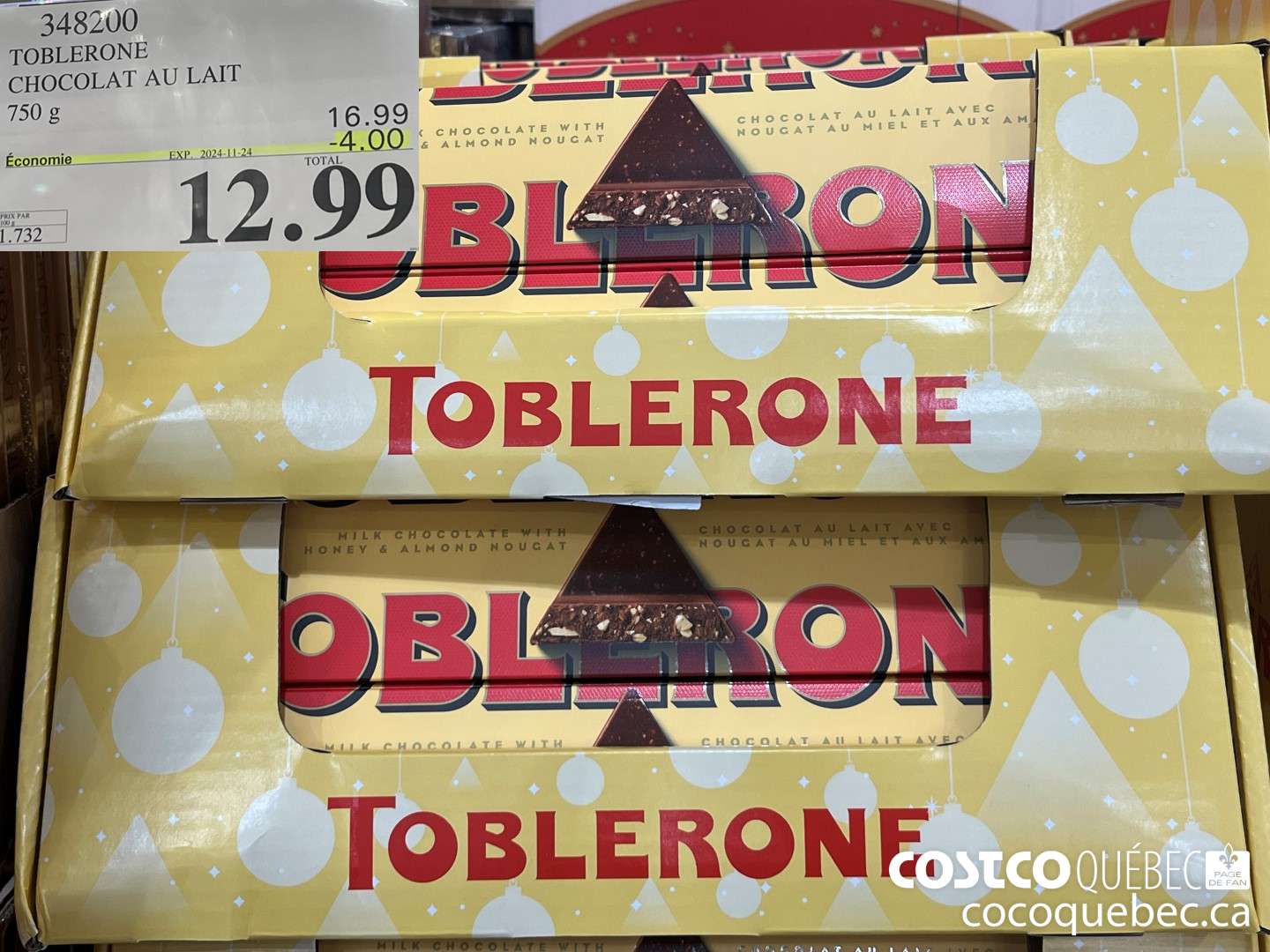 348200 TOBLERONE CHOCOLAT AU LAIT 750 g  ($4.00 INSTANT SAVINGS EXPIRES ON 2024-11-24) $12.99