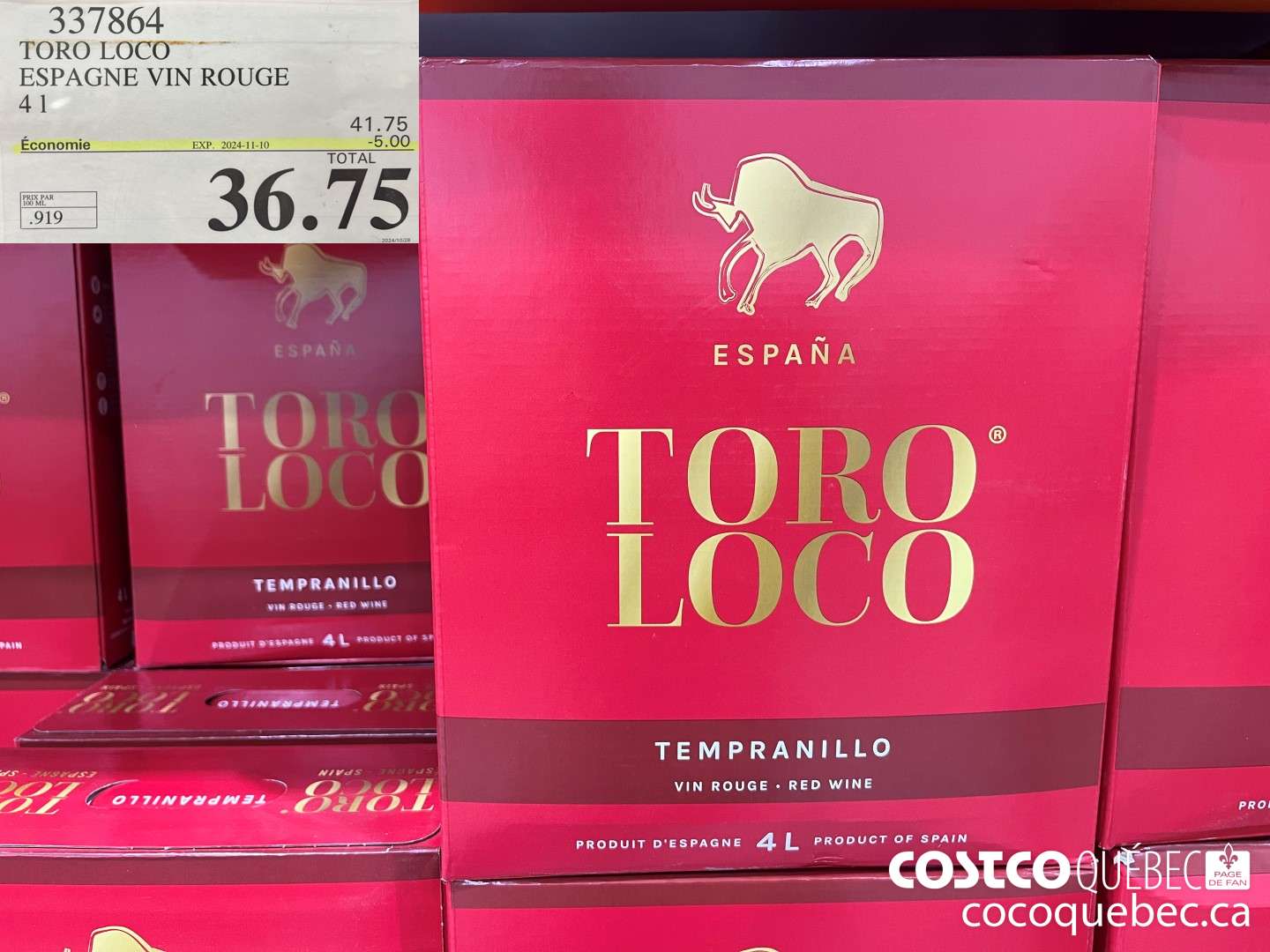 337864 TORO LOCO ESPAGNE VIN ROUGE ($4.00 INSTANT SAVINGS EXPIRES ON 2024-11-10) $36.75