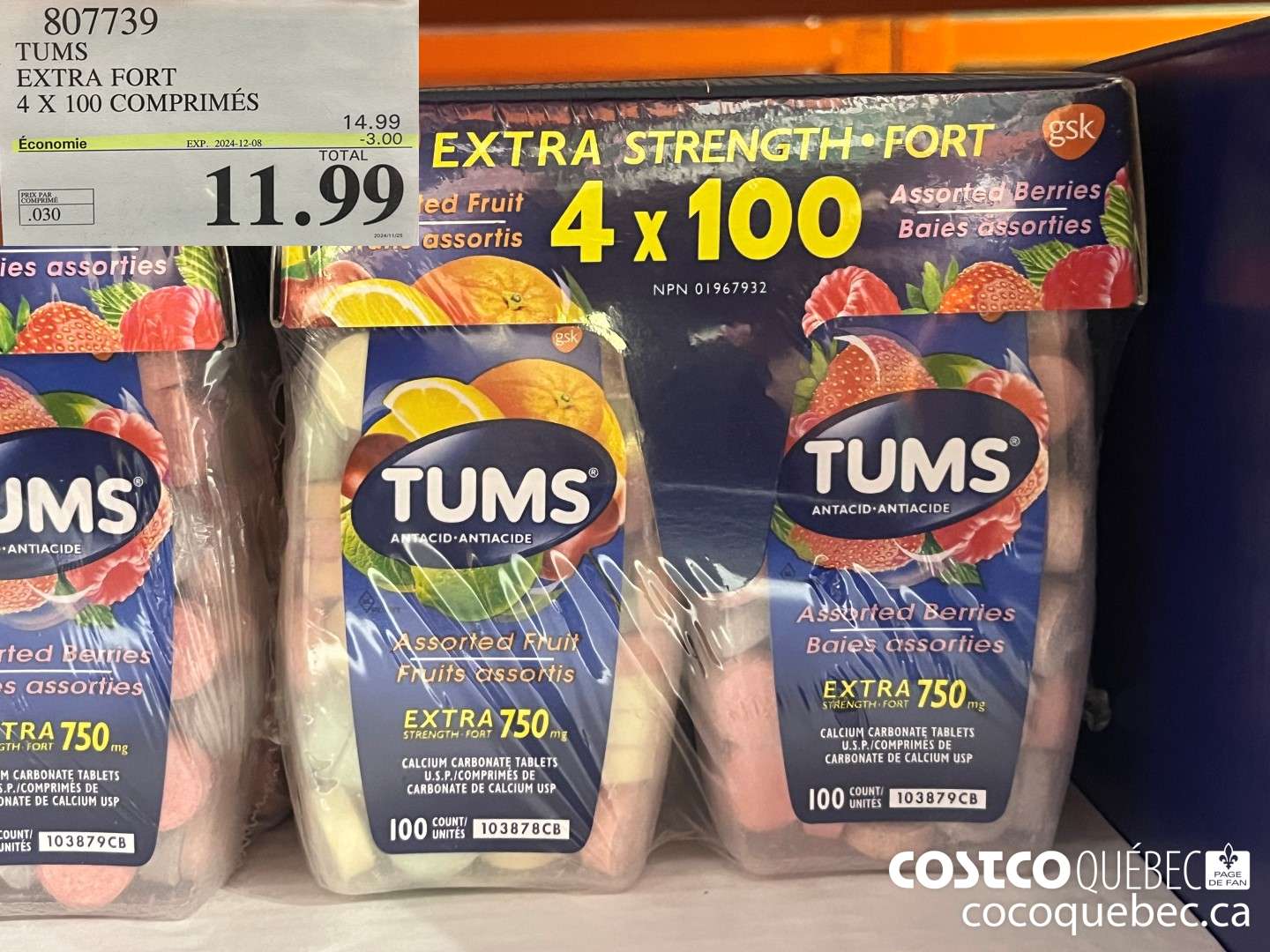 807739 TUMS EXTRA FORT 4 X 100 COMPRIMES  ($3.00 INSTANT SAVINGS EXPIRES ON 2024-12-08) $11.99