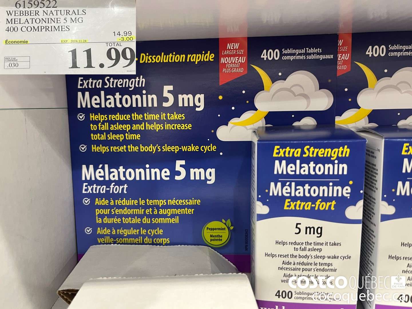 6199922 WEBBER NATURALS MELATONINE 5 MG 400 COMPRIMES  ($3.00 INSTANT SAVINGS EXPIRES ON 2024-11-24) $11.99