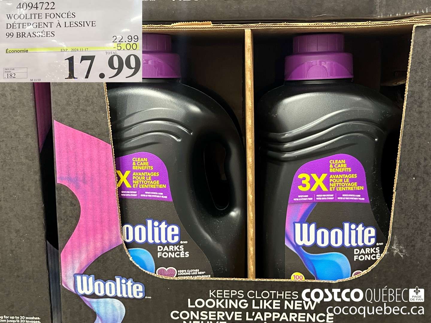 4094722 WOOLITE FONCES DETERGENT A LESSIVE 99 brassées  ($5.00 INSTANT SAVINGS EXPIRES ON 2024-11-17) $17.99