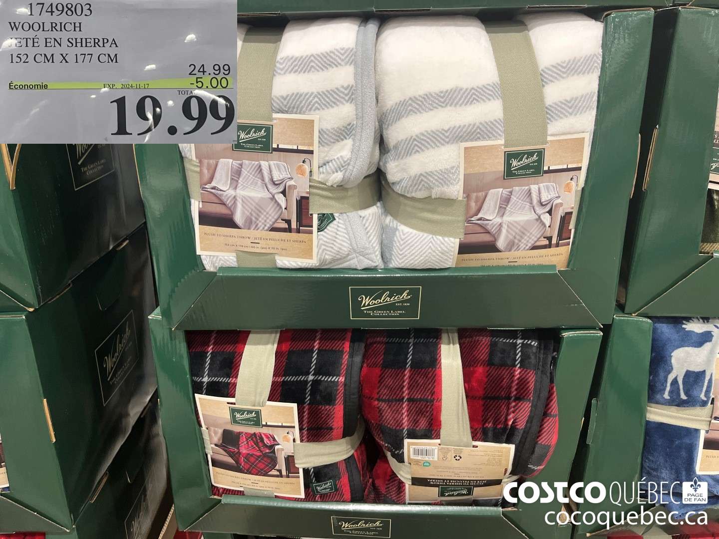 1749803 WOOLRICH JETE EN SHERPA 152 CM X 177 CM  ($5.00 INSTANT SAVINGS EXPIRES ON 2024-11-17) $19.99