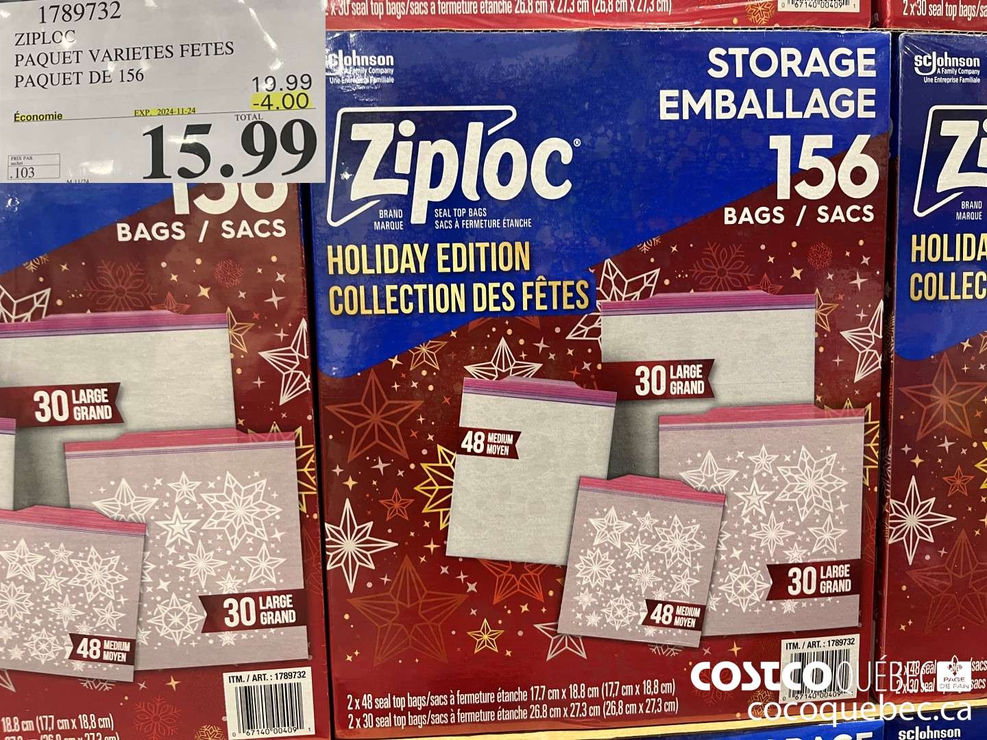 1789732 ZIPLOC PAQUET VARIETES FETES PAQUET DE 156  ($4.00 INSTANT SAVINGS EXPIRES ON 2024-11-24) $15.99