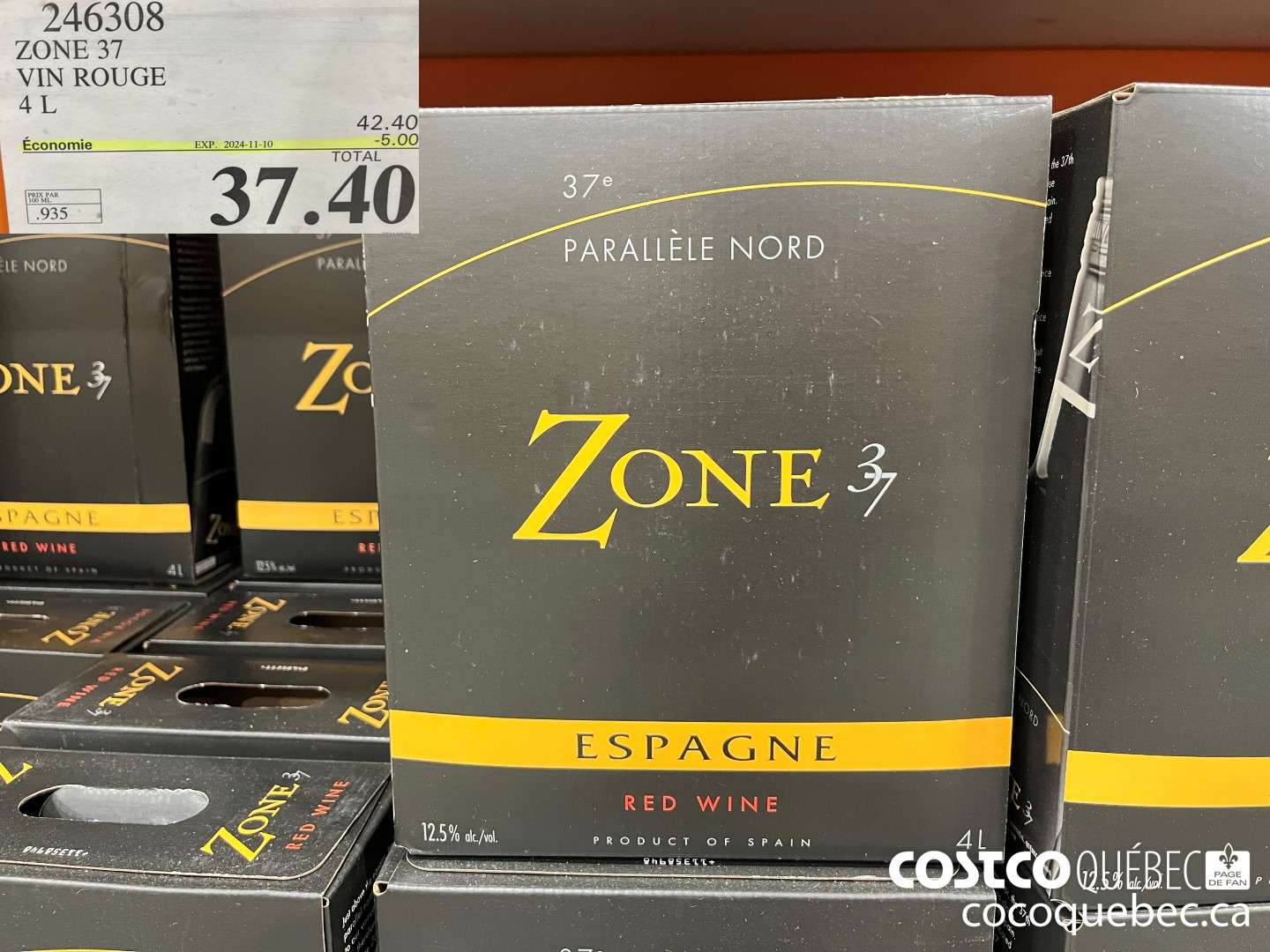 246308 ZONE 37 VIN ROUGE 4L  ($4.00 INSTANT SAVINGS EXPIRES ON 2024-11-10) $37.40