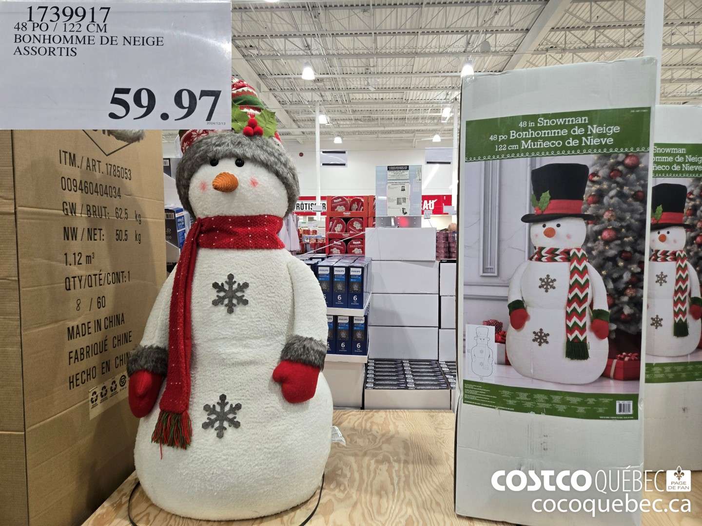 1739917 48 PO / 122 CM BONHOMME DE NEIGE INTERIEUR SEULEMENT  $59.97