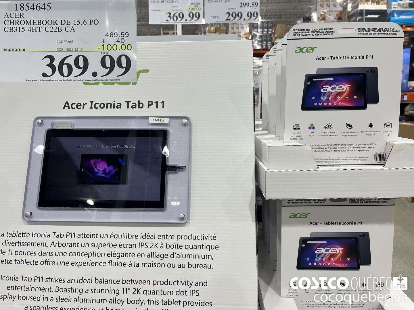 1854645 ACER CHROMEBOOK DE 15,6 PO CB315-4HT-C22B-CA 469.59 Economie _—_- EXP. 2024-12-15  ($100.00 INSTANT SAVINGS EXPIRES ON 2024-12-15) $369.99