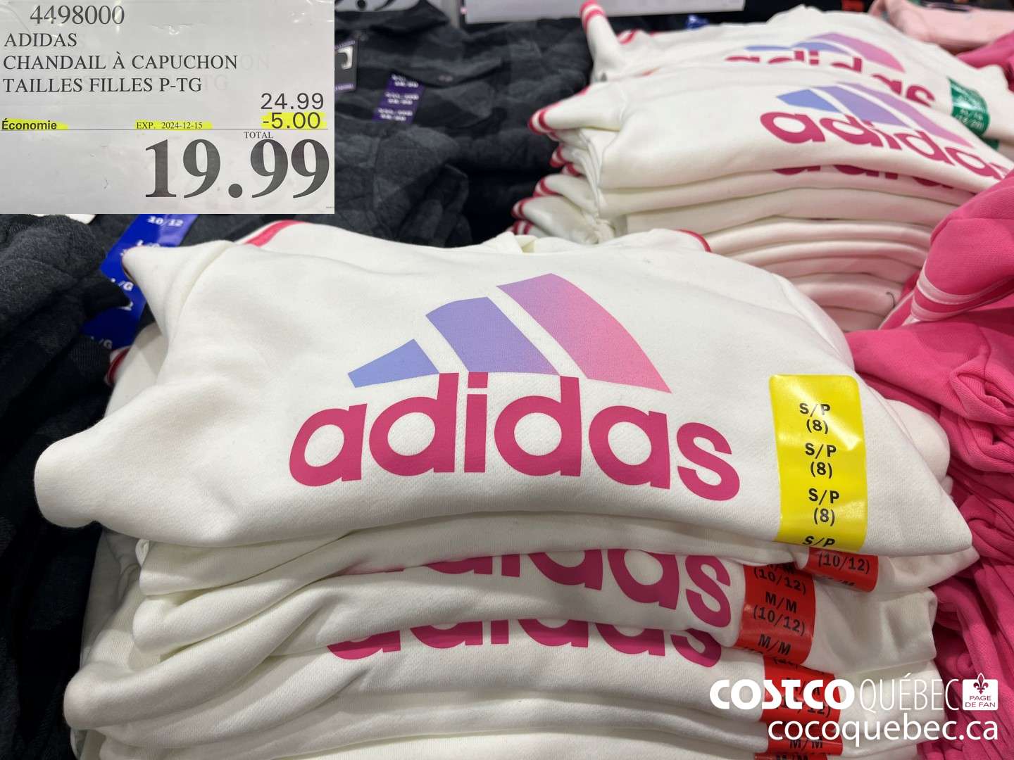 44980000 ADIDAS CHANDAIL A CAPUCHON TAILLES FILLES P-TG  ($5.00 INSTANT SAVINGS EXPIRES ON 2024-12-15) $19.99