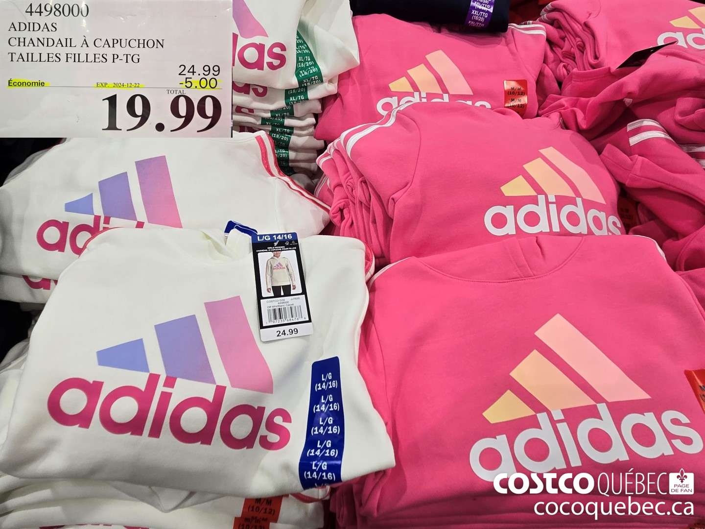 4498000 ADIDAS CHANDAIL A CAPUCHON TAILLES FILLES P-TG  ($5.00 INSTANT SAVINGS EXPIRES ON 2024-12-22) $19.99