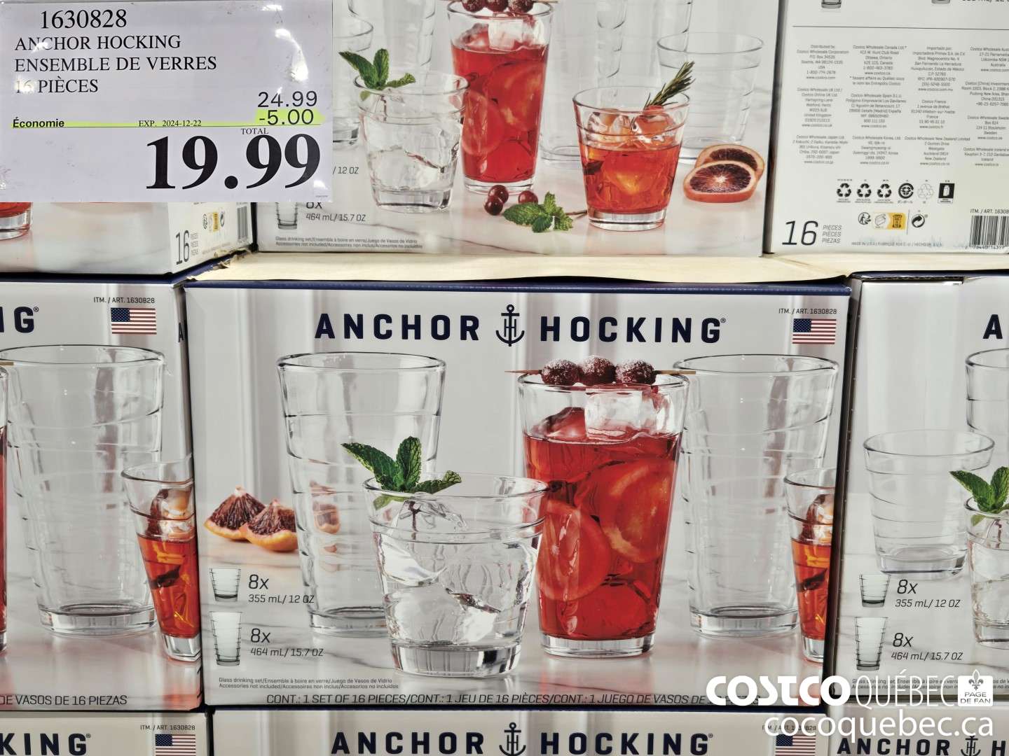 941630828 ANCHOR HOCKING ENSEMBLE DE VERRES  ($5.00 INSTANT SAVINGS EXPIRES ON 2024-12-22) $19.99