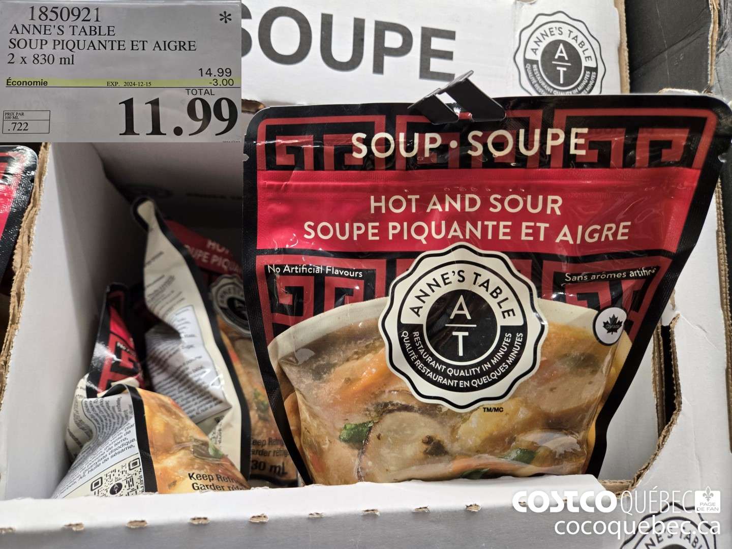 1850921 ANNE'S TABLE SOUP PIQUANTE ET AIGRE 2 x 830 ml  ($3.00 INSTANT SAVINGS EXPIRES ON 2024-12-15) $11.99