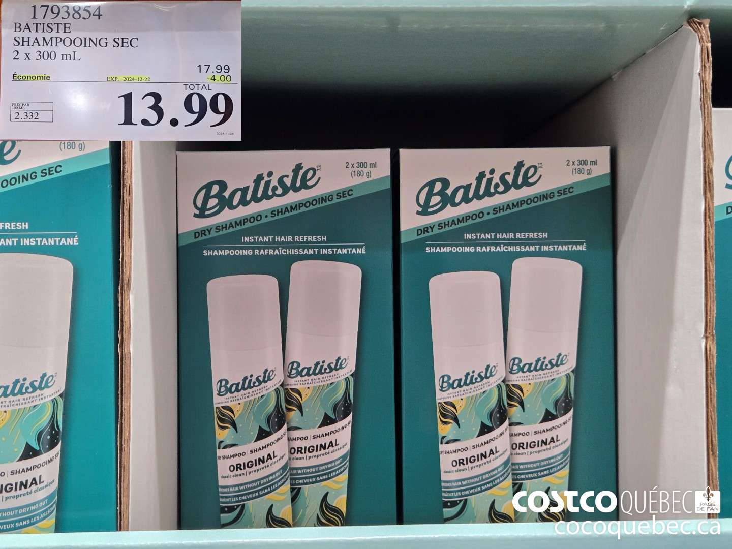 1793854 BATISTE SHAMPOOING SEC 2 X 300 mL  ($4.00 INSTANT SAVINGS EXPIRES ON 2024-12-22) $13.99
