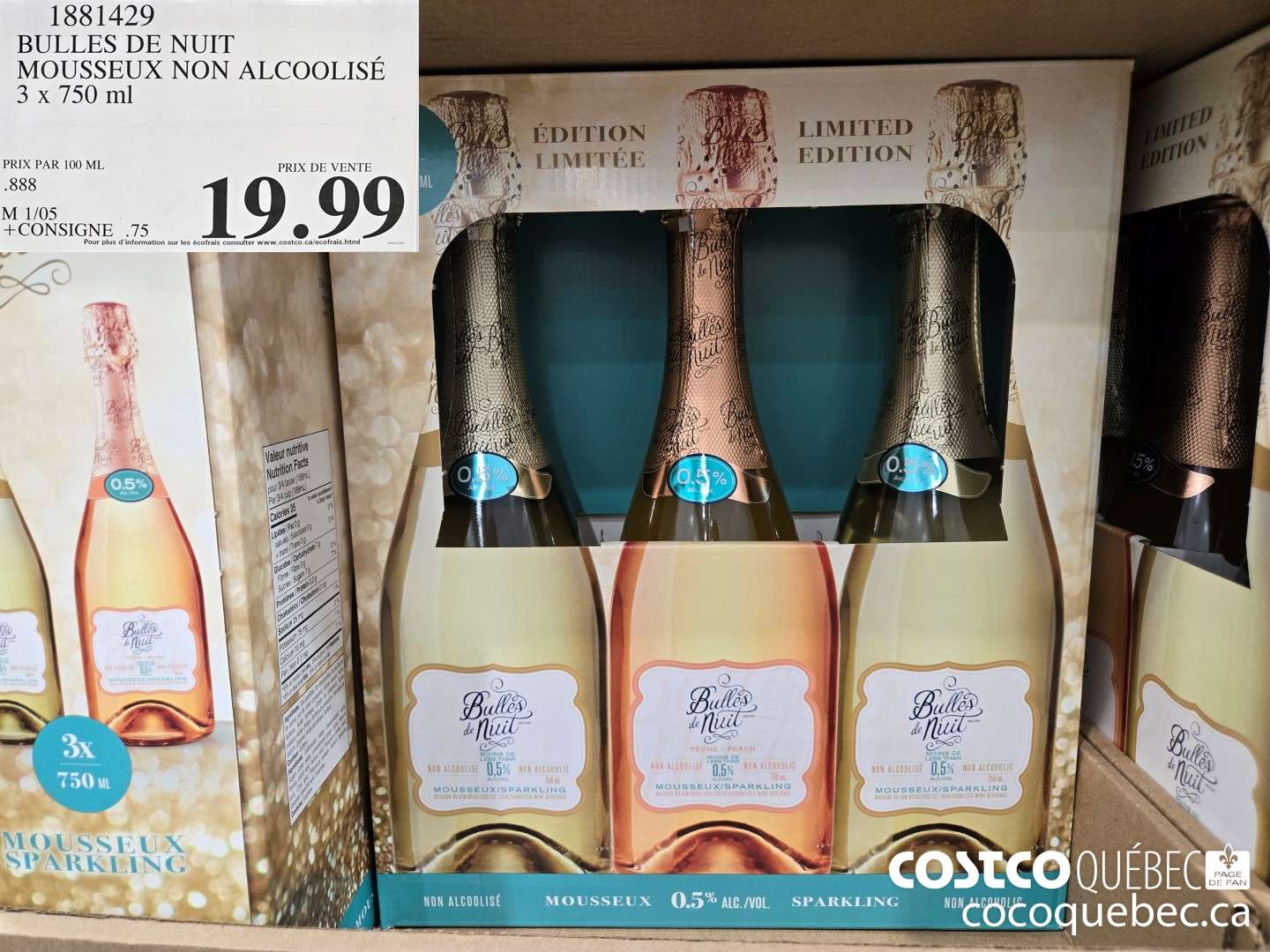 1881429 BULLES DE NUIT , MOUSSEUX NON ALCOOLISE 3 x 750 ml  $19.99