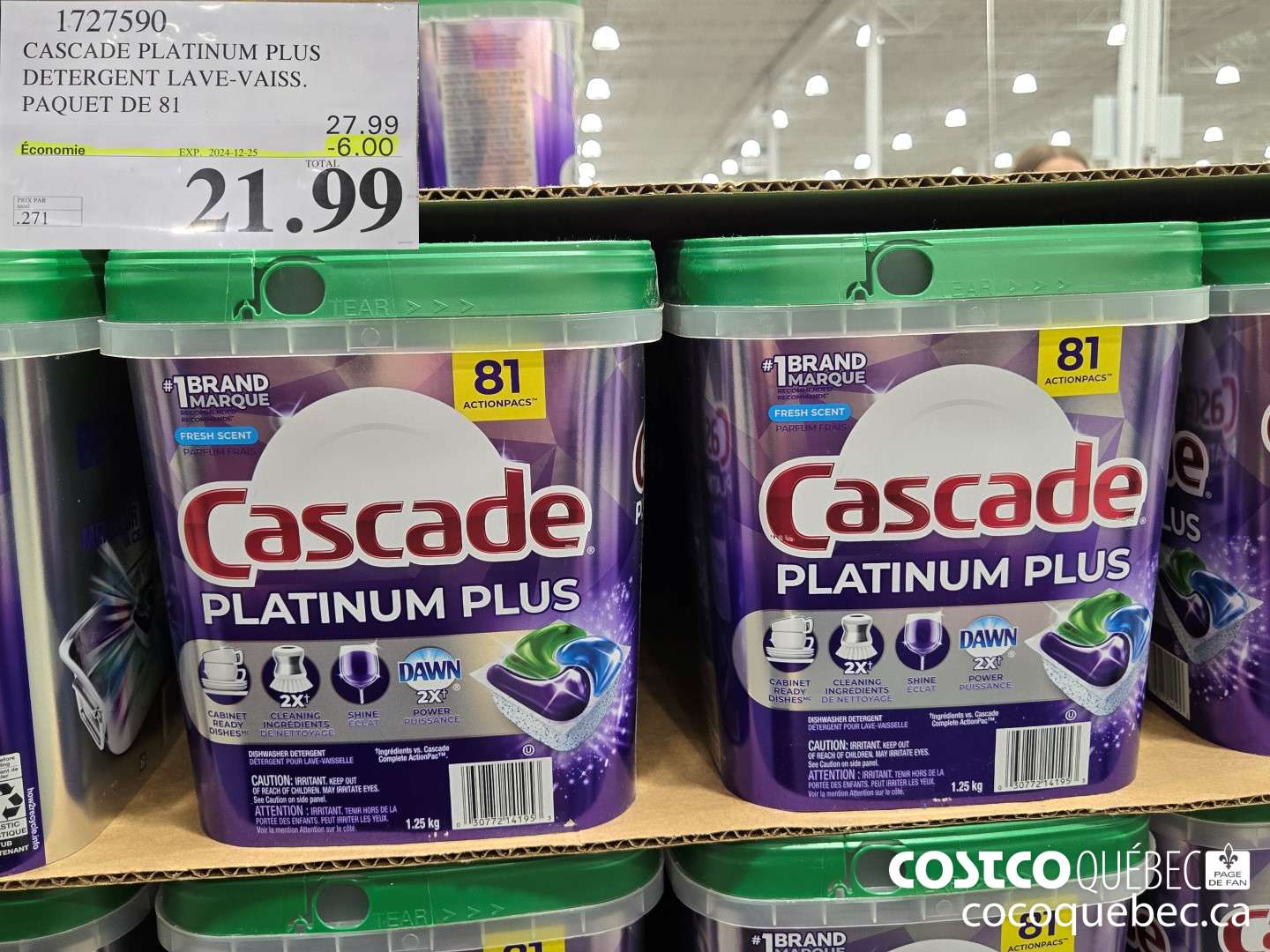 1727590 CASCADE PLATINUM PLUS DETERGENT LAVE-VAISS. PAQUET DE 81  ($6.00 INSTANT SAVINGS EXPIRES ON 2024-12-25) $21.99