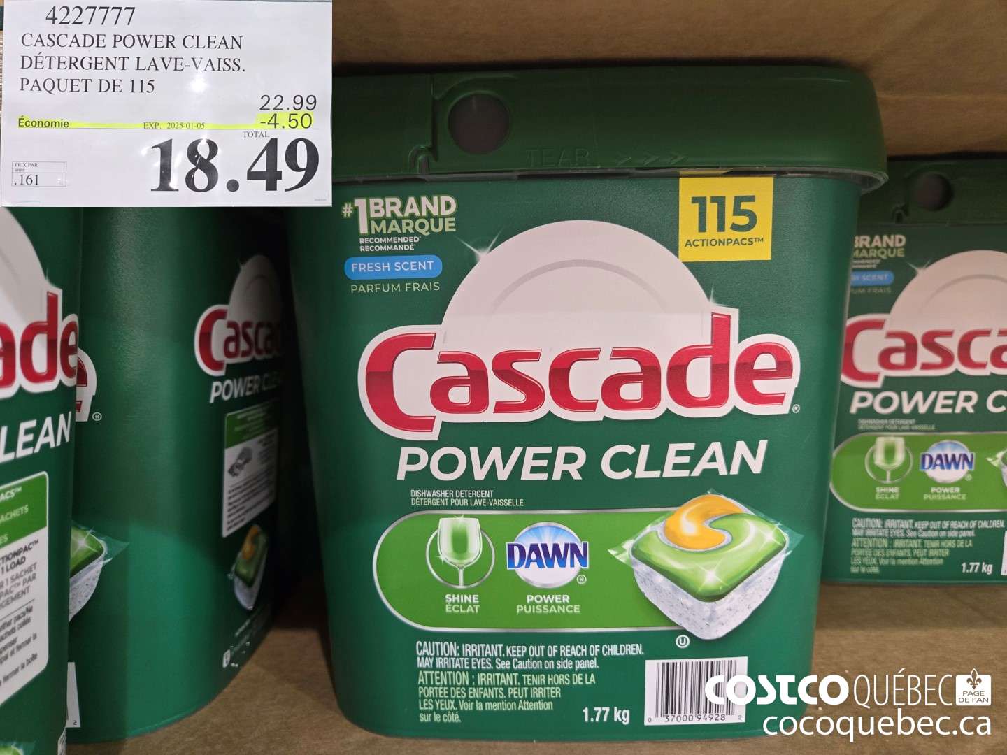 4227777 CASCADE POWER CLEAN DETERGENT LAVE-VAISS. PAQUET DE 115  ($4.50 INSTANT SAVINGS EXPIRES ON 2025-01-05) $18.49