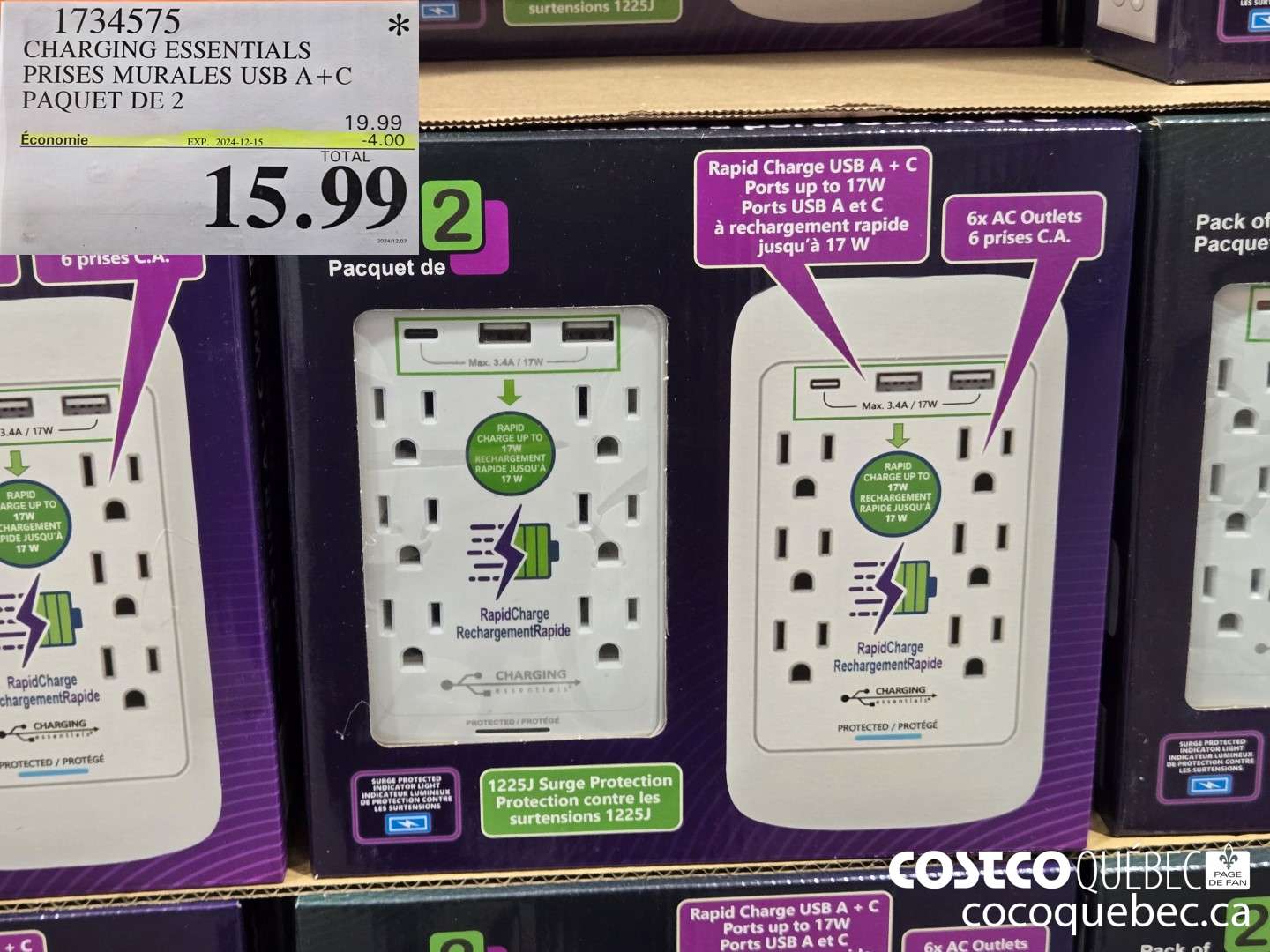 1734575 CHARGING ESSENTIALS PRISES MURALES USB A+C PAQUET DE 2  ($4.00 INSTANT SAVINGS EXPIRES ON 2024-12-15) $15.99