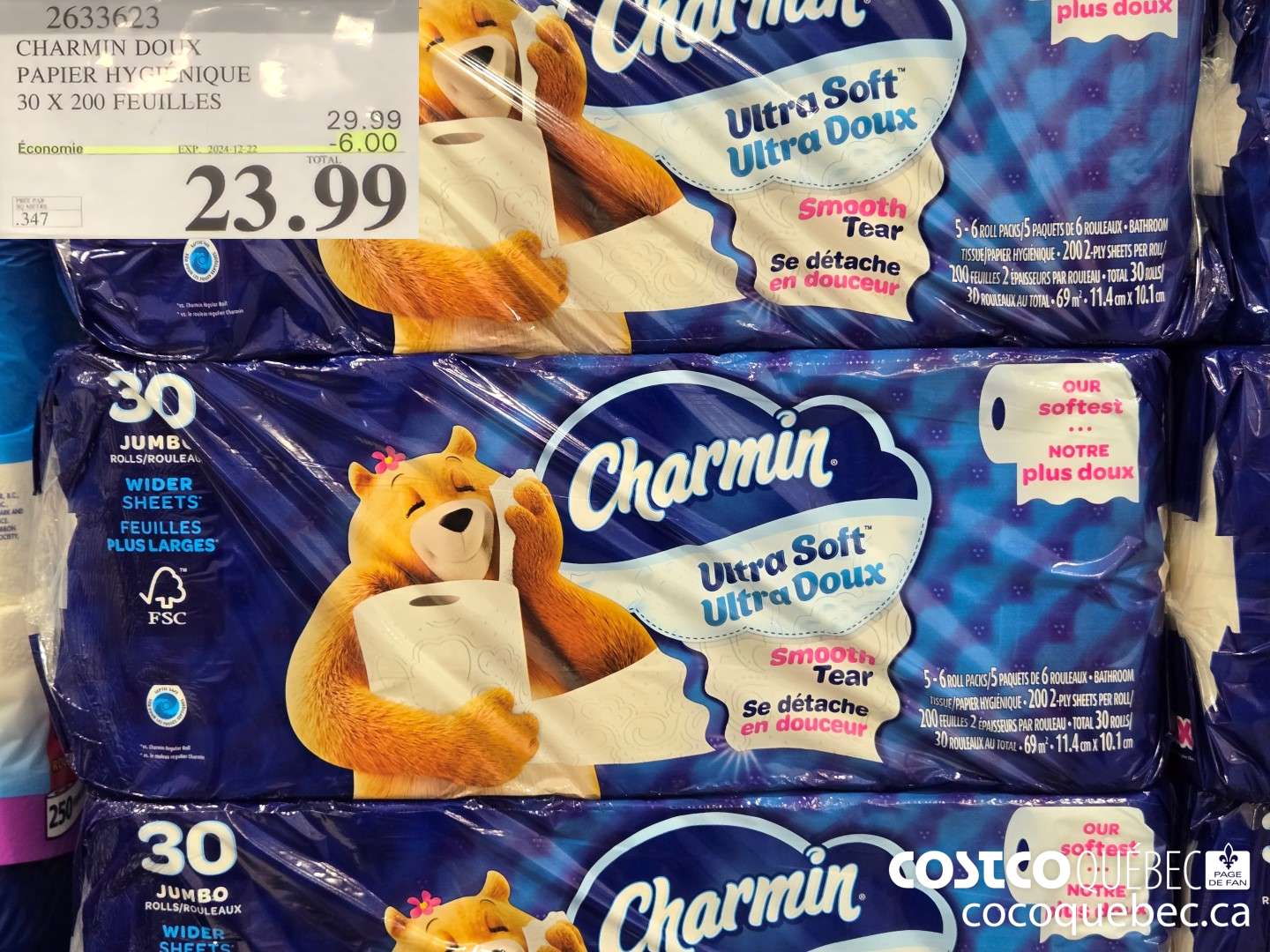 2633623 CHARMIN DOUX PAPIER HYGIENIQUE 30 X 200 FEUILLES ($6.00 INSTANT SAVINGS EXPIRES ON 2024-12-22) $23.99