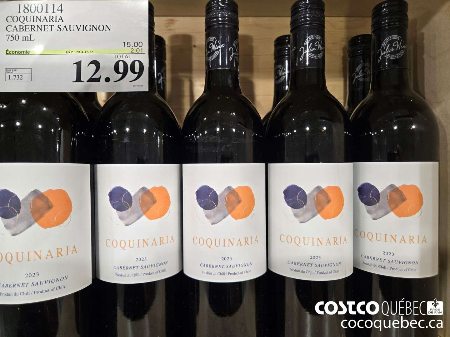 1800114 COQUINARIA CABERNET SAUVIGNON 750 mL  ($2.01 INSTANT SAVINGS EXPIRES ON 2024-12-22) $12.99
